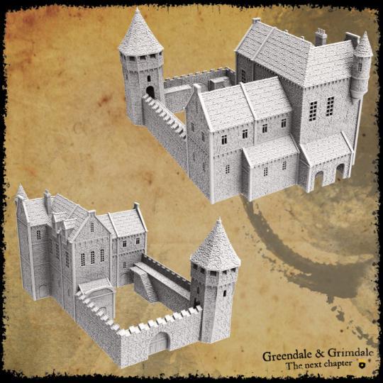 Greendale Castle features a large central keep, fortified walls with crenellations, and defensive towers. The castle includes detailed rooms, staircases, and battlements, offering both exterior and interior play options.