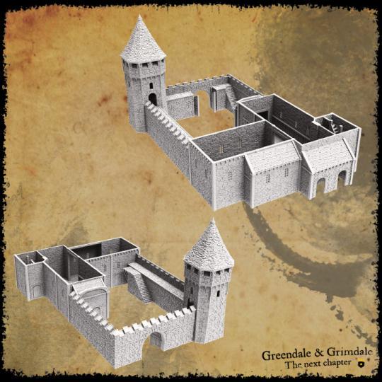 Greendale Castle features a large central keep, fortified walls with crenellations, and defensive towers. The castle includes detailed rooms, staircases, and battlements, offering both exterior and interior play options.