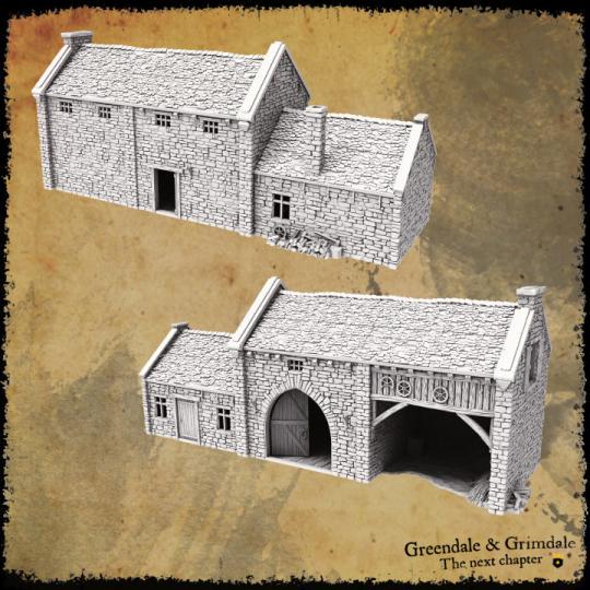 A detailed 16th-century farmhouse model featuring a stone exterior with wooden accents, arched doorways, and a separate barn area. The interior includes spacious rooms and a cozy fireplace, perfect for enhancing rural gaming settings.