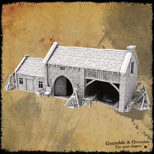 A detailed 16th-century farmhouse model featuring a stone exterior with wooden accents, arched doorways, and a separate barn area. The interior includes spacious rooms and a cozy fireplace, perfect for enhancing rural gaming settings.