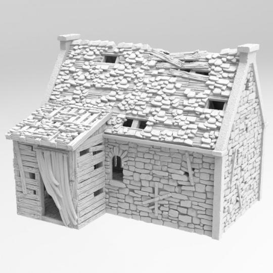 A set of dilapidated buildings showcasing crumbling stone walls, broken wooden supports, and partially collapsed roofs, perfect for historical and fantasy tabletop games.