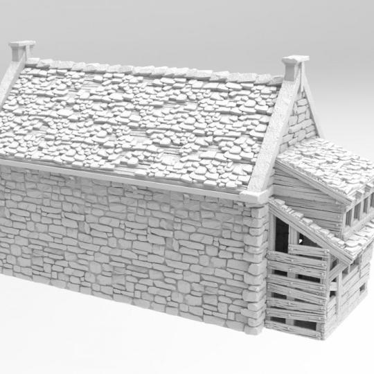 A set of dilapidated buildings showcasing crumbling stone walls, broken wooden supports, and partially collapsed roofs, perfect for historical and fantasy tabletop games.