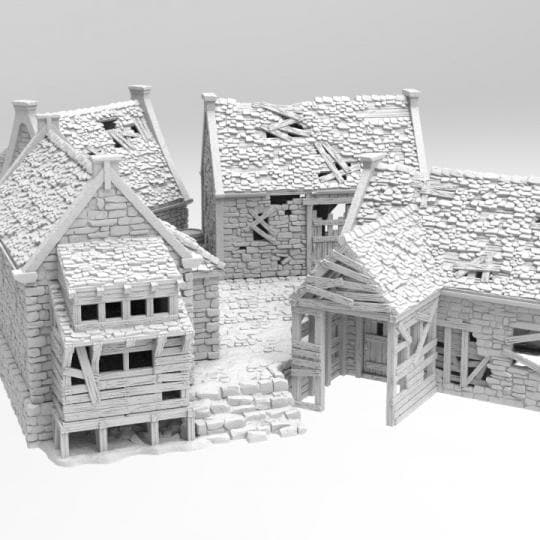 A set of dilapidated buildings showcasing crumbling stone walls, broken wooden supports, and partially collapsed roofs, perfect for historical and fantasy tabletop games.