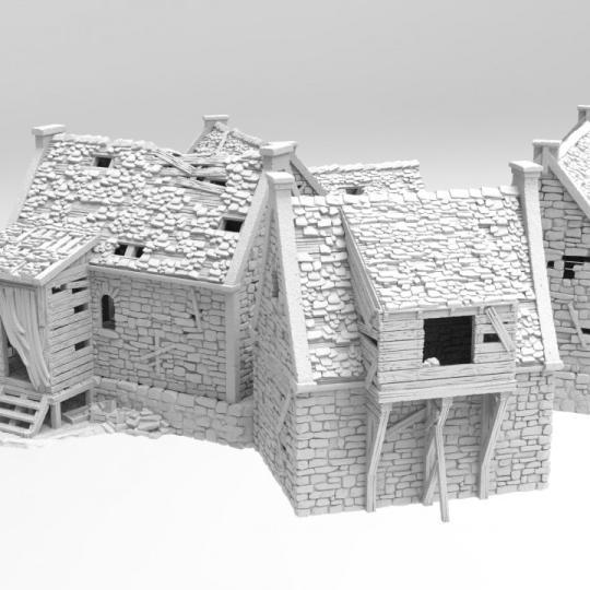 A set of dilapidated buildings showcasing crumbling stone walls, broken wooden supports, and partially collapsed roofs, perfect for historical and fantasy tabletop games.