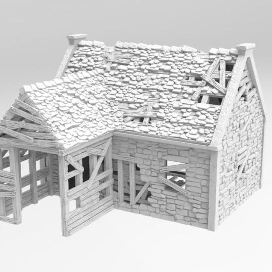 A set of dilapidated buildings showcasing crumbling stone walls, broken wooden supports, and partially collapsed roofs, perfect for historical and fantasy tabletop games.