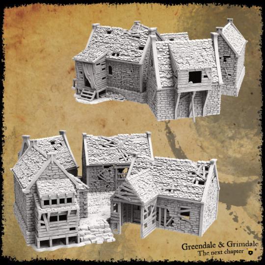 A set of dilapidated buildings showcasing crumbling stone walls, broken wooden supports, and partially collapsed roofs, perfect for historical and fantasy tabletop games.