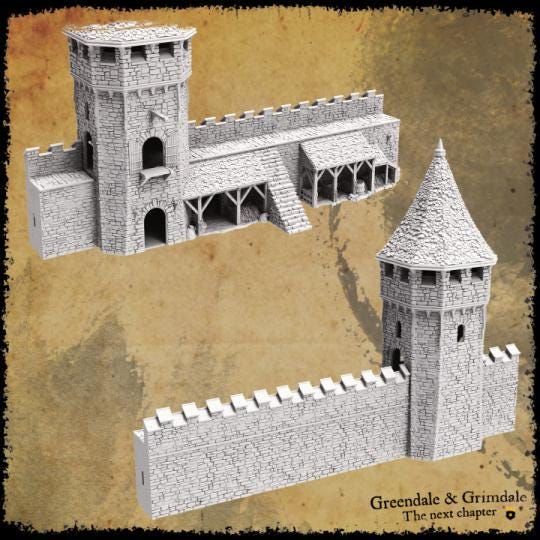 Detailed medieval stable and storage structure featuring stone walls, crenellations, and wooden supports, perfect for enhancing tabletop games with historical accuracy and fantasy elements. Ideal for D&D, model railroading, and wargaming setups.