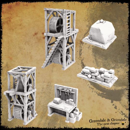 A detailed medieval stone crafting workshop with a stone and timber exterior, complete with stone blocks, a stone-cutting wheel, and a wooden scaffold, perfect for enhancing historical or fantasy tabletop games.