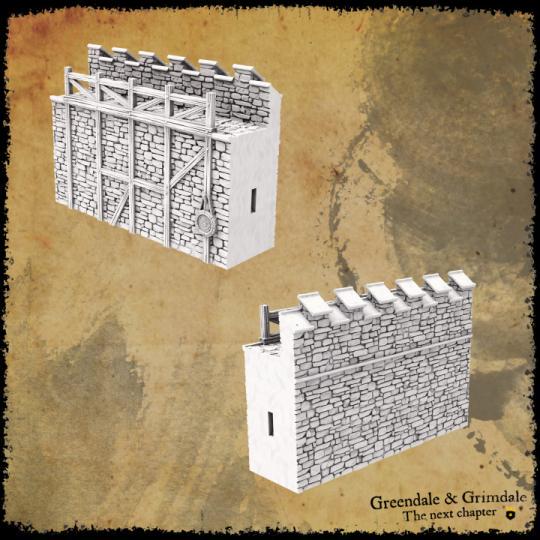 Medieval-style stone walls with a large gatehouse, round and square towers, and bastions, featuring detailed stone textures and crenellations, perfect for historical and fantasy tabletop settings.