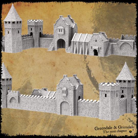 Medieval-style stone walls with a large gatehouse, round and square towers, and bastions, featuring detailed stone textures and crenellations, perfect for historical and fantasy tabletop settings.