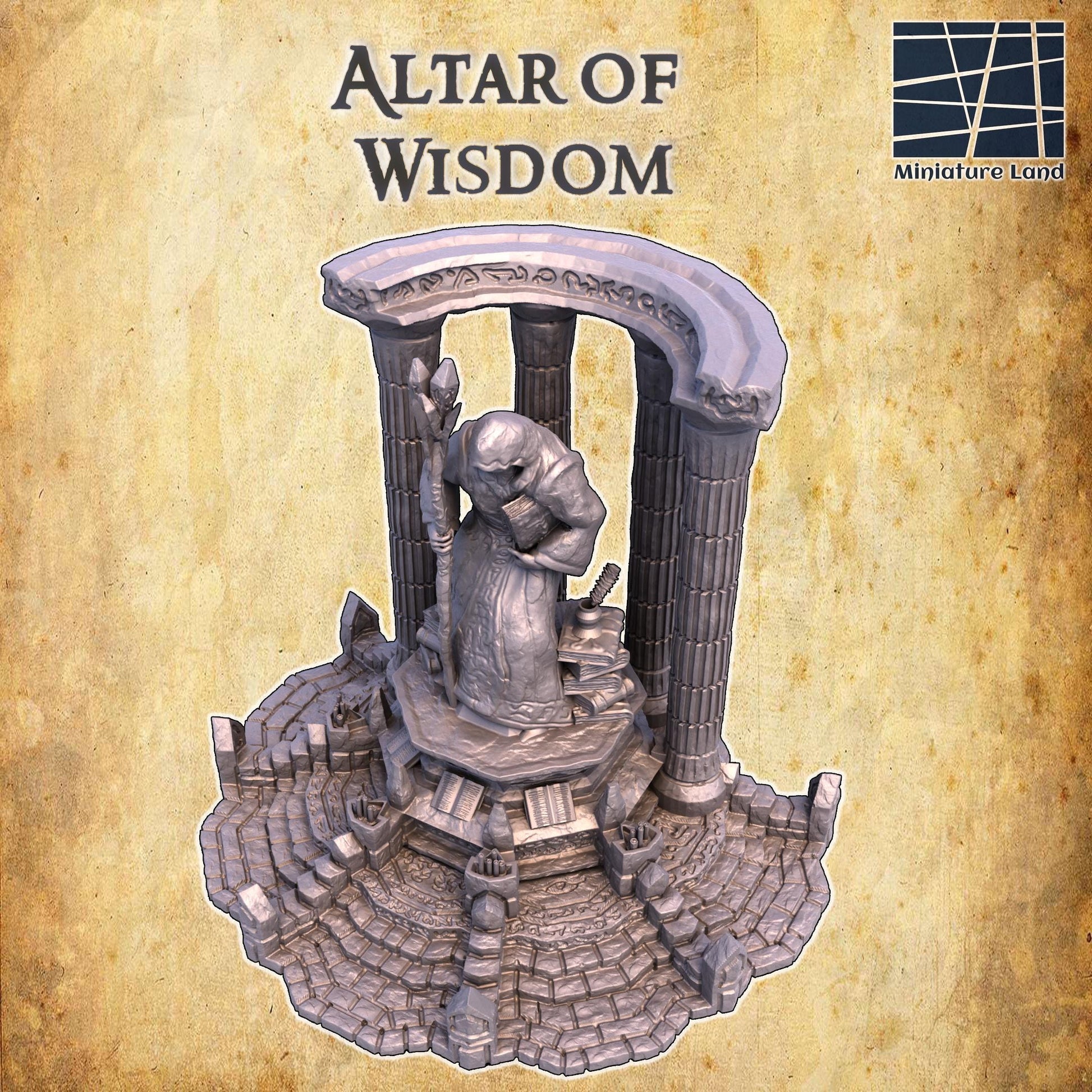 A detailed model of a mystical shrine, the Altar of Knowledge features towering columns and a central statue of a hooded figure holding a staff and book, surrounded by ancient carvings and symbols, perfect for fantasy and historical games.