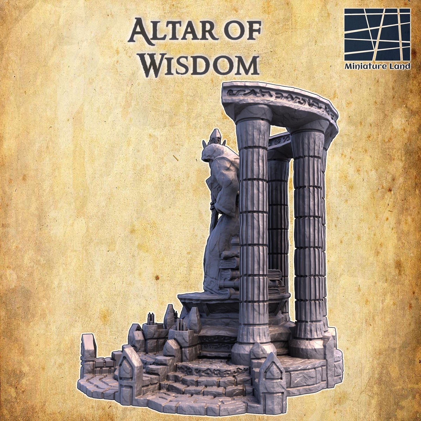 A detailed model of a mystical shrine, the Altar of Knowledge features towering columns and a central statue of a hooded figure holding a staff and book, surrounded by ancient carvings and symbols, perfect for fantasy and historical games.