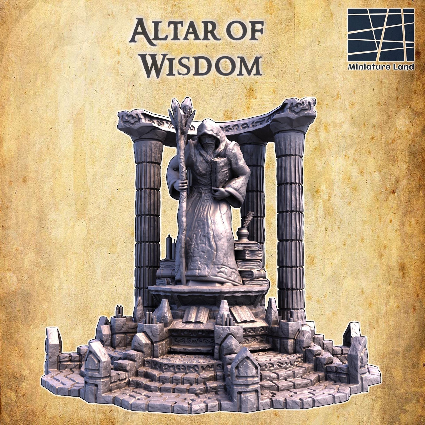 A detailed model of a mystical shrine, the Altar of Knowledge features towering columns and a central statue of a hooded figure holding a staff and book, surrounded by ancient carvings and symbols, perfect for fantasy and historical games.