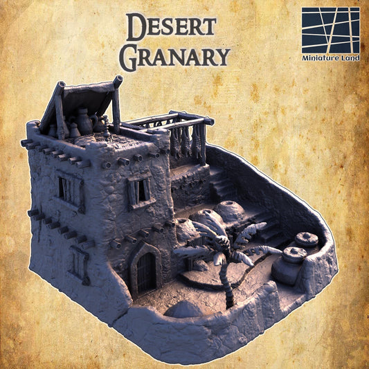 The Desert Granary model showcases a rustic adobe building with detailed urns for grain storage, a shaded drying rack, and an ancient desert ambiance, perfect for enhancing tabletop RPG and wargaming scenarios.