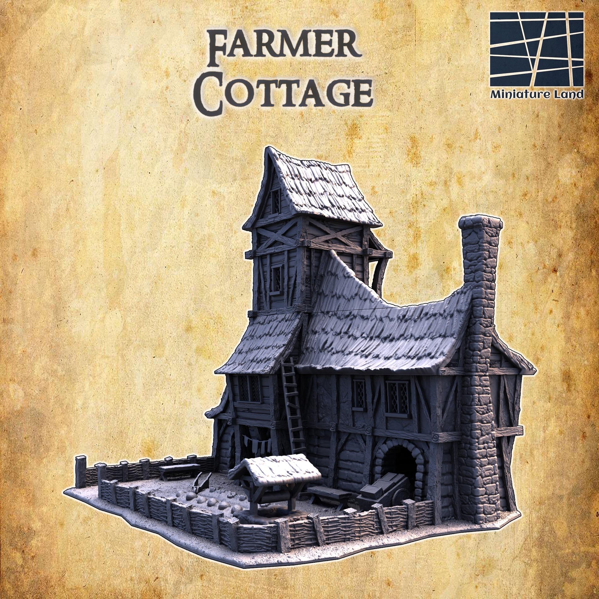 The Farmer&#39;s Cottage features a picturesque two-story design with timber framing, a thatched roof, and stone foundations. The cottage includes a fenced garden, wooden ladders, stone chimneys, and multiple interior rooms.