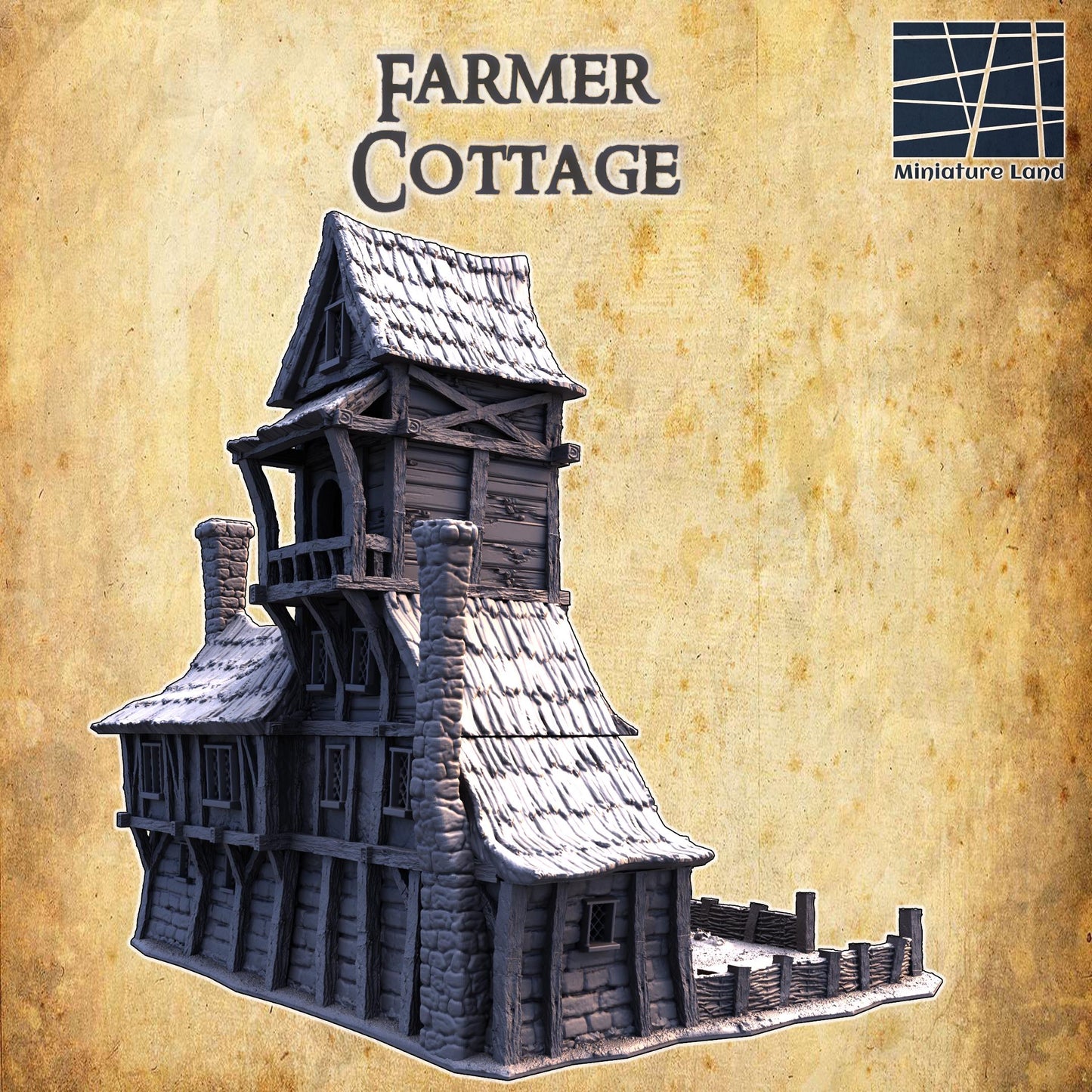 The Farmer&#39;s Cottage features a picturesque two-story design with timber framing, a thatched roof, and stone foundations. The cottage includes a fenced garden, wooden ladders, stone chimneys, and multiple interior rooms.