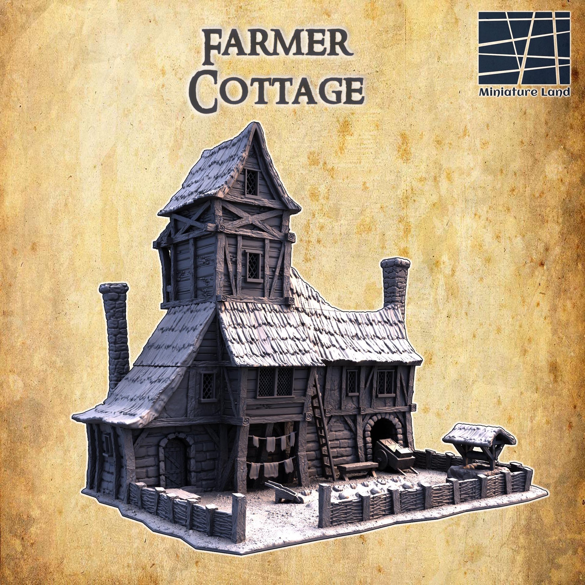 The Farmer&#39;s Cottage features a picturesque two-story design with timber framing, a thatched roof, and stone foundations. The cottage includes a fenced garden, wooden ladders, stone chimneys, and multiple interior rooms.