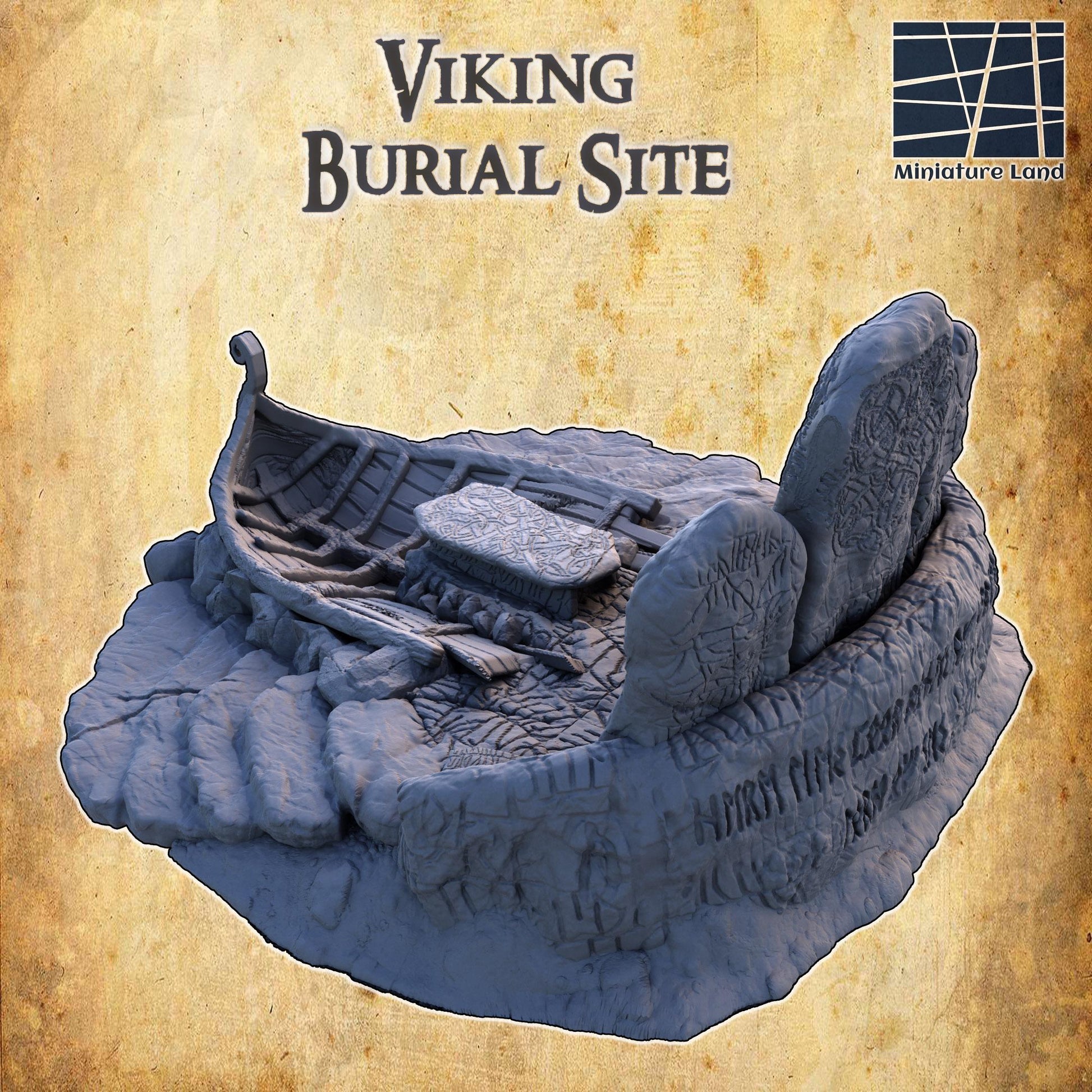 A highly detailed Viking Burial Site model featuring a central boat-shaped tomb surrounded by intricately carved runestones, a stone platform, and rugged terrain. The inscriptions on the stones enhance the ancient and mystical ambiance of the site