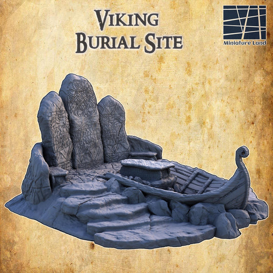 A highly detailed Viking Burial Site model featuring a central boat-shaped tomb surrounded by intricately carved runestones, a stone platform, and rugged terrain. The inscriptions on the stones enhance the ancient and mystical ambiance of the site