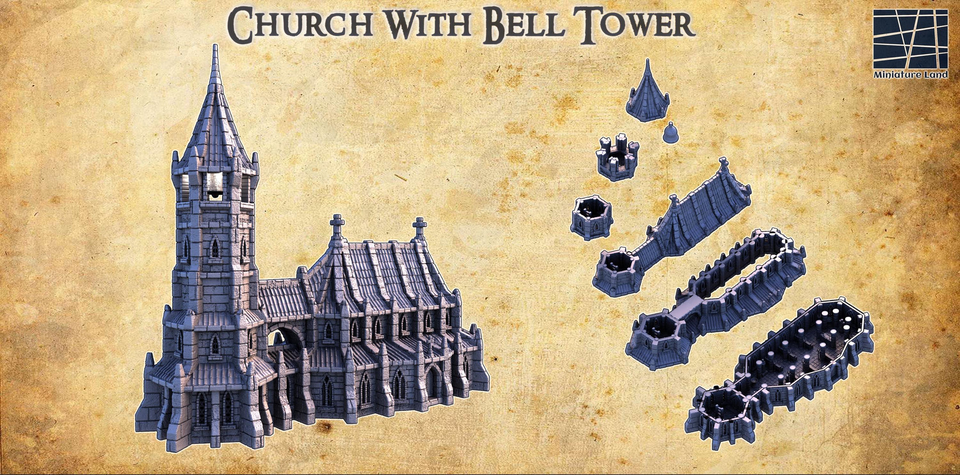 Gothic-style church with bell tower, five playable levels, detailed stonework, intricate interior, and multiple roof sections. Perfect for historical and fantasy tabletop games, enhancing immersion and storytelling.