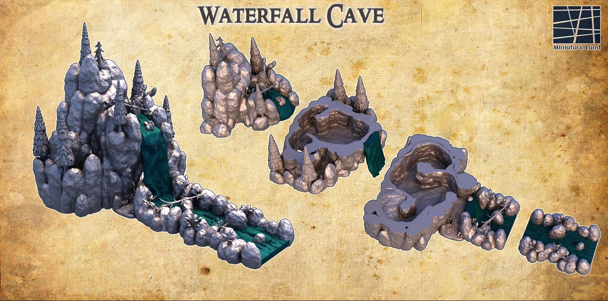 A breathtaking Waterfall Cave featuring towering rock formations and a cascading waterfall, perfect for tabletop RPGs and wargames. The model showcases a realistic natural landscape with hidden chambers and intricate details.