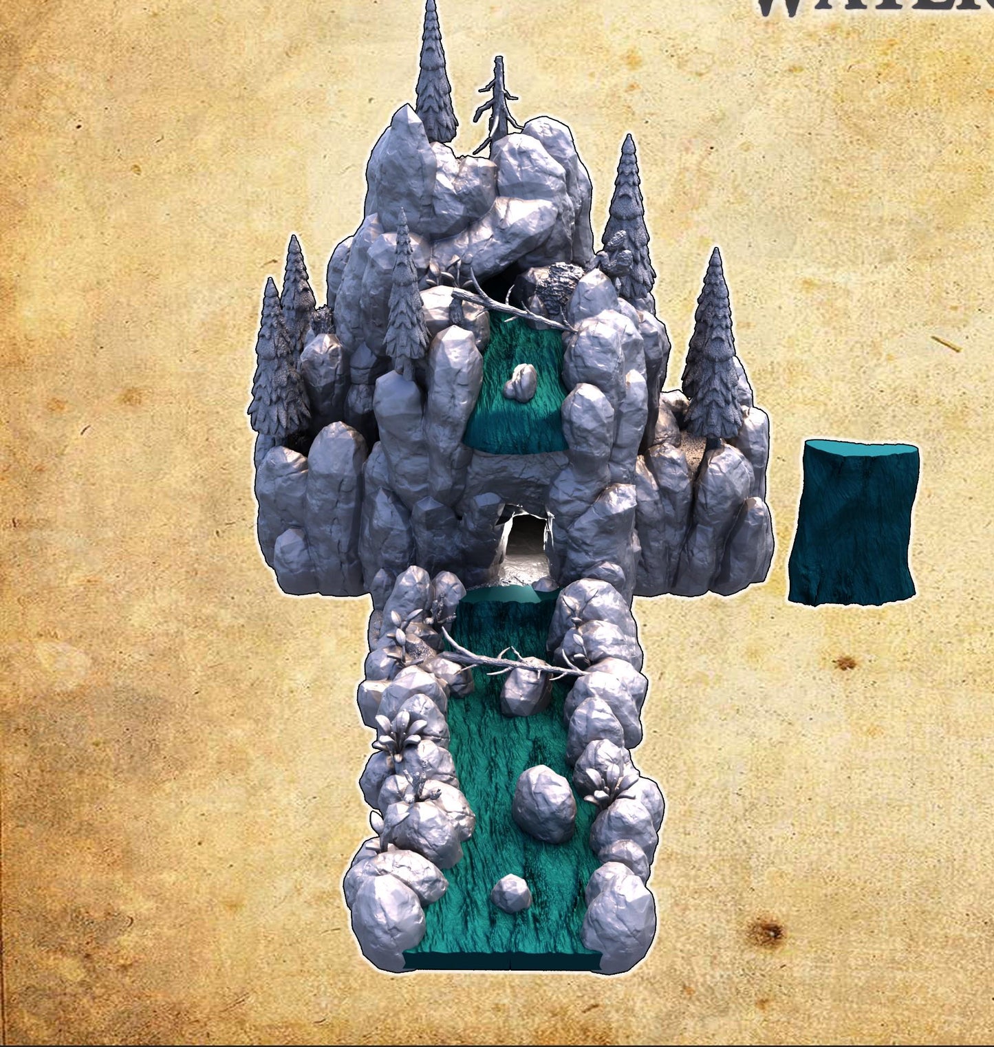 A breathtaking Waterfall Cave featuring towering rock formations and a cascading waterfall, perfect for tabletop RPGs and wargames. The model showcases a realistic natural landscape with hidden chambers and intricate details.