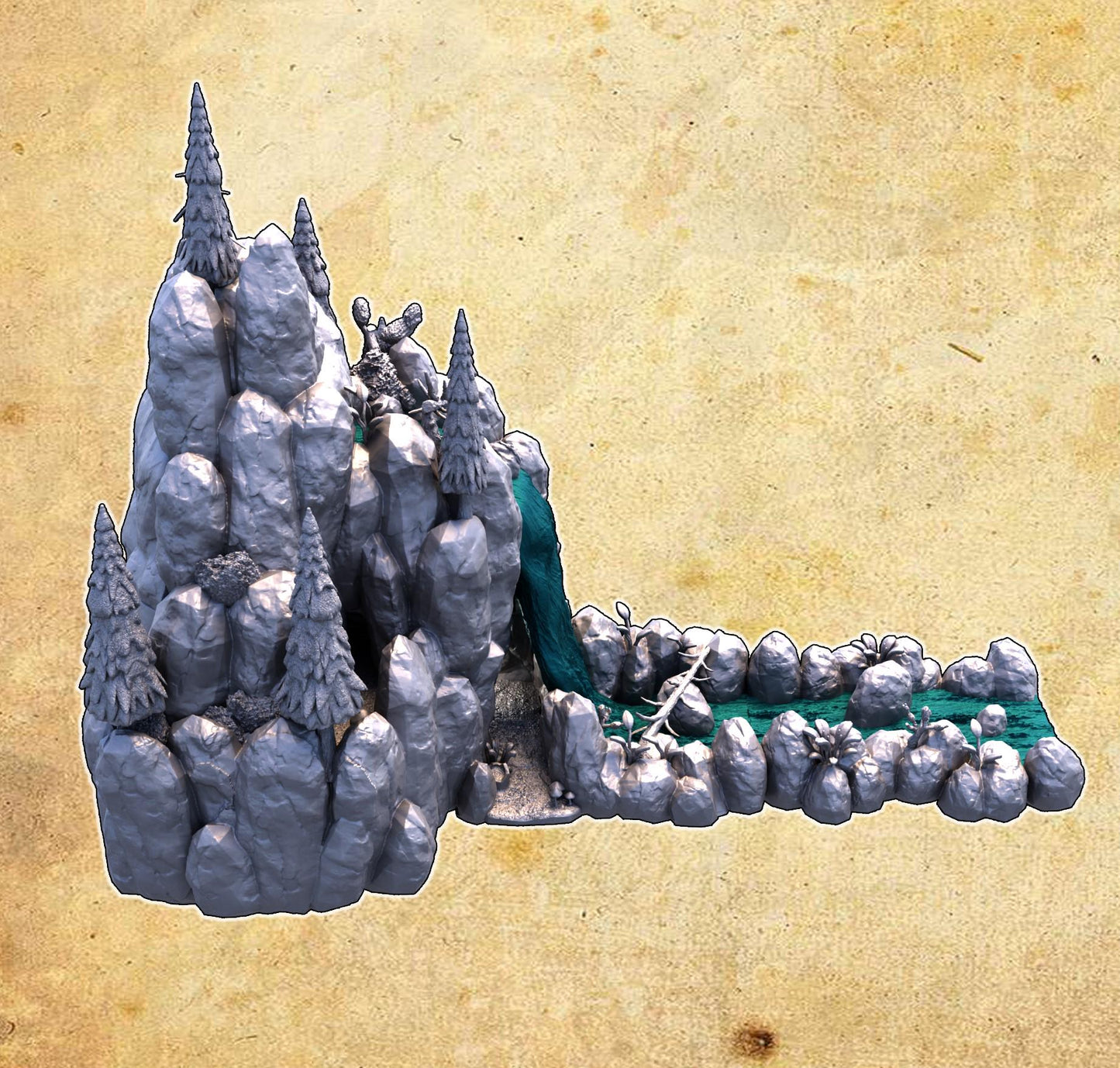 A breathtaking Waterfall Cave featuring towering rock formations and a cascading waterfall, perfect for tabletop RPGs and wargames. The model showcases a realistic natural landscape with hidden chambers and intricate details.