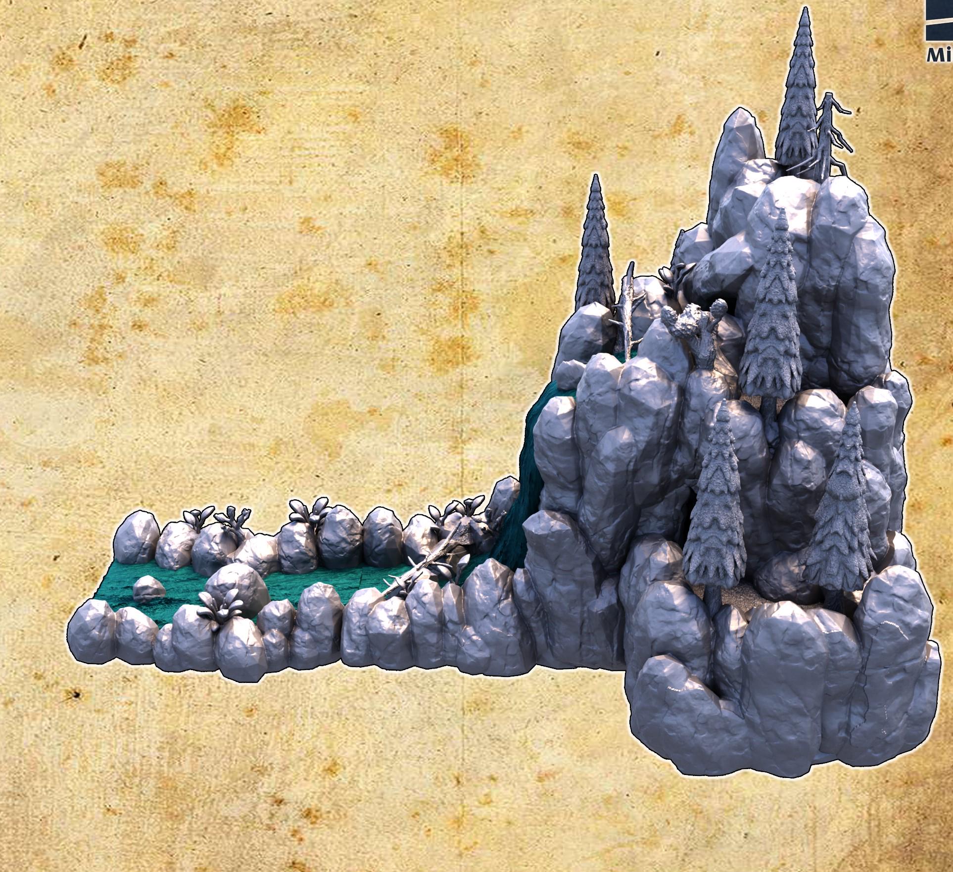 A breathtaking Waterfall Cave featuring towering rock formations and a cascading waterfall, perfect for tabletop RPGs and wargames. The model showcases a realistic natural landscape with hidden chambers and intricate details.