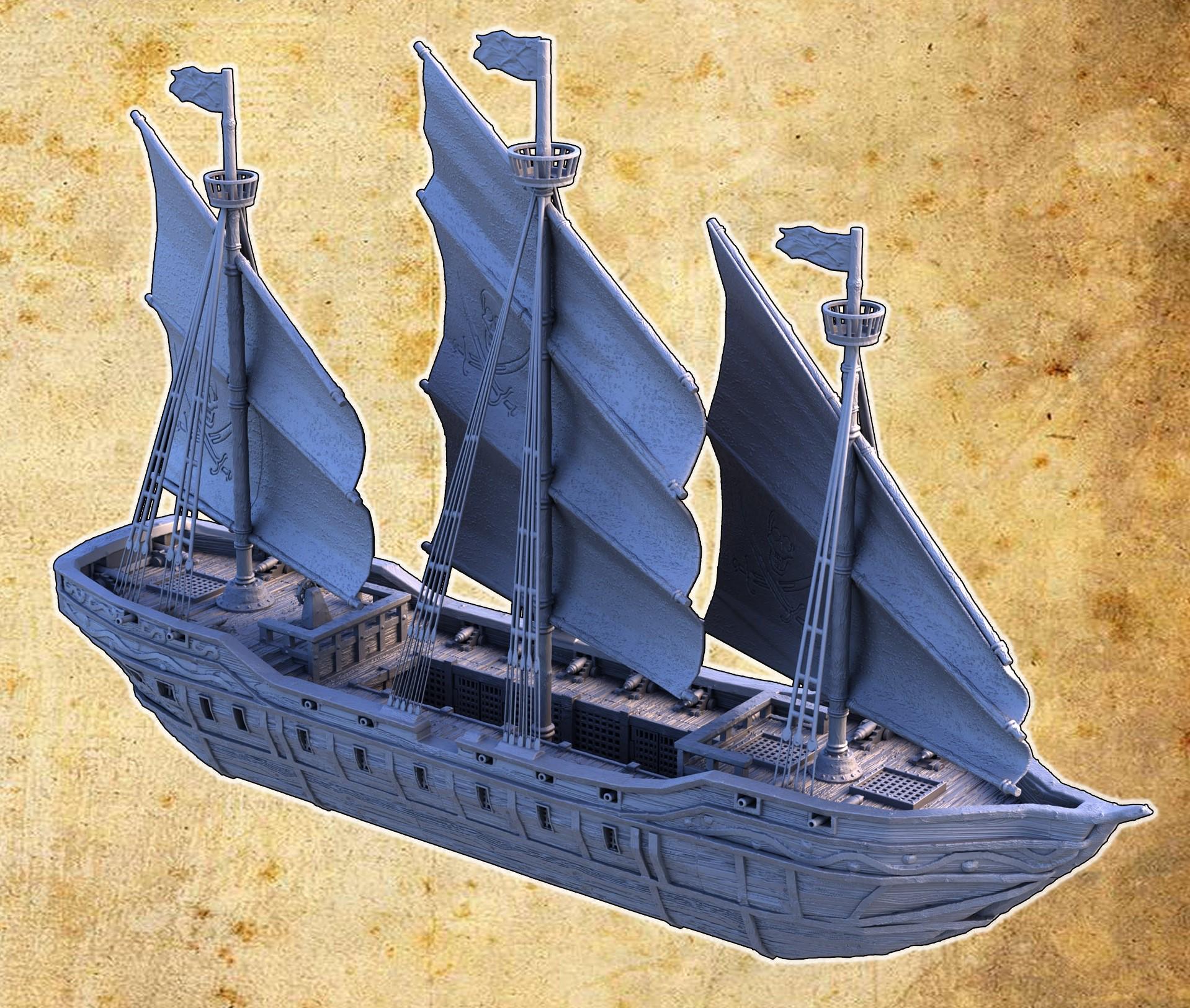 A detailed pirate slave ship model featuring three masts with skull and crossbones sails, wooden textures, and multiple playable levels, including a mid-deck with slave cells, perfect for historical and fantasy tabletop games.