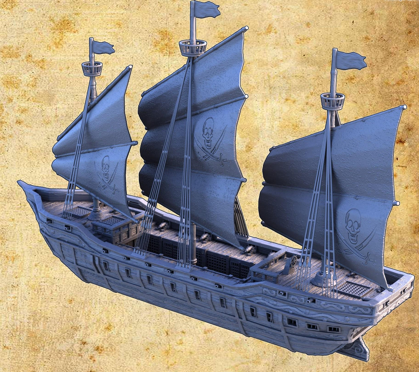 A detailed pirate slave ship model featuring three masts with skull and crossbones sails, wooden textures, and multiple playable levels, including a mid-deck with slave cells, perfect for historical and fantasy tabletop games.