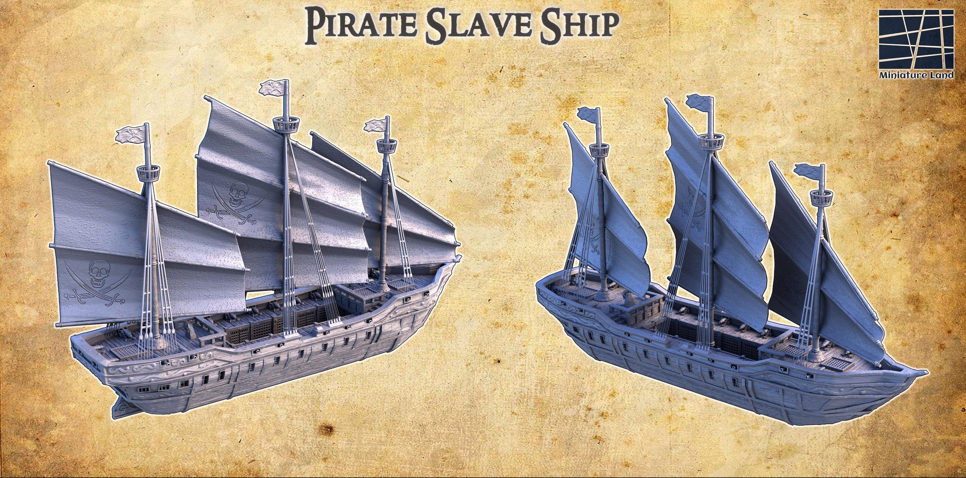 A detailed pirate slave ship model featuring three masts with skull and crossbones sails, wooden textures, and multiple playable levels, including a mid-deck with slave cells, perfect for historical and fantasy tabletop games.