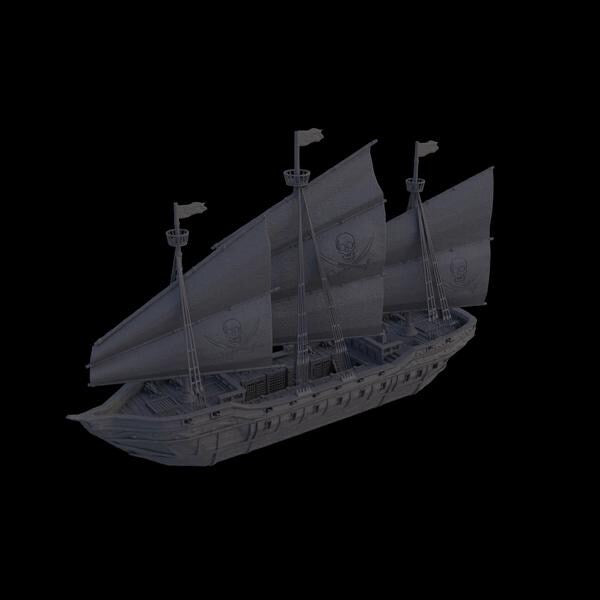 A detailed pirate slave ship model featuring three masts with skull and crossbones sails, wooden textures, and multiple playable levels, including a mid-deck with slave cells, perfect for historical and fantasy tabletop games.