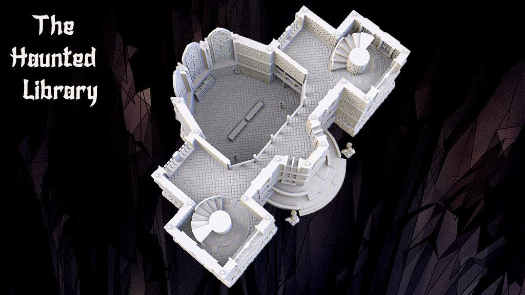 Detailed images of The Haunted Library, showcasing its Gothic architecture, intricate stonework, and multi-level layout. The model features tall spires, arched windows, and a domed roof, providing a perfect setting for tabletop adventures.