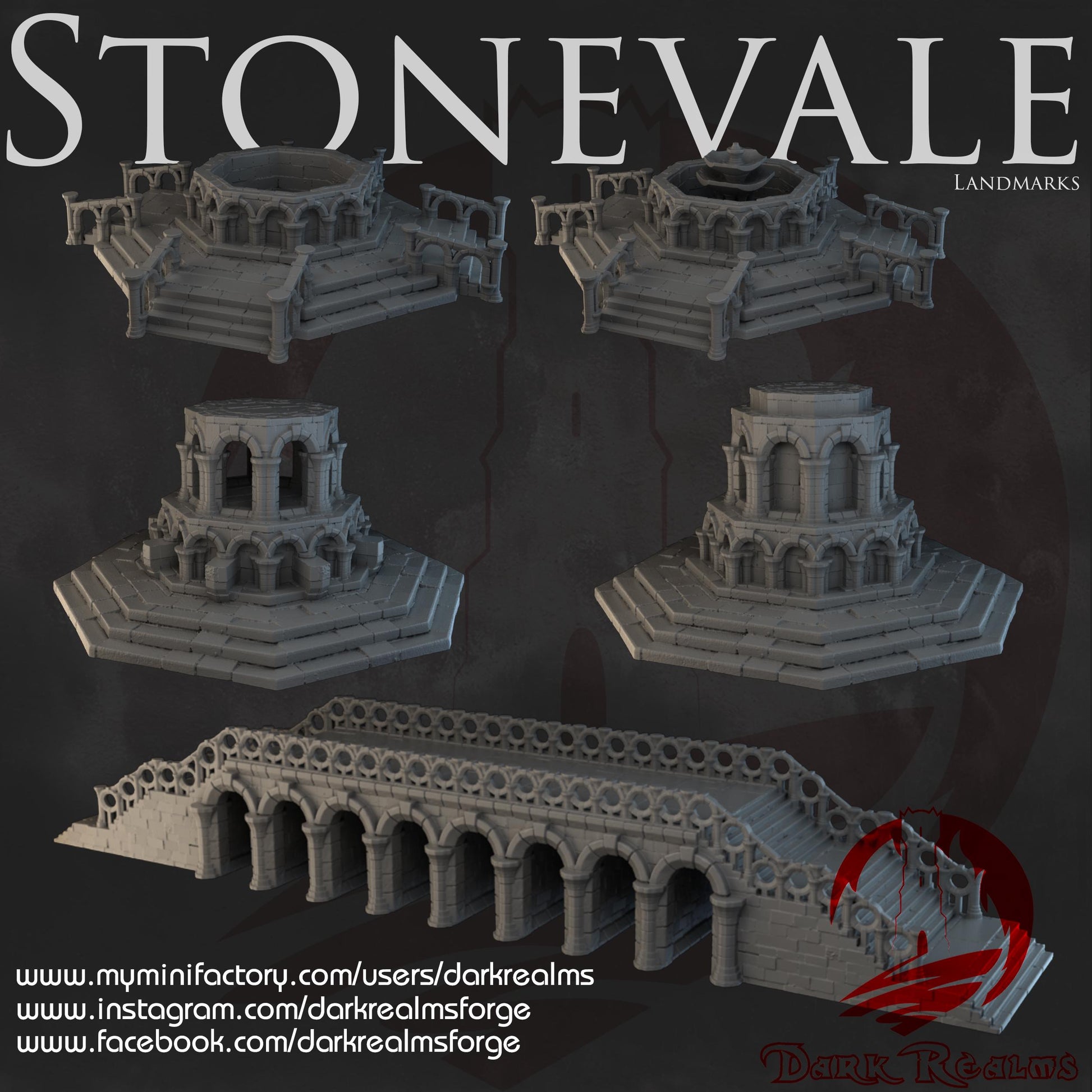 The Stonevale collection features a grand bridge and two distinct landmarks, showcasing intricate stonework and architectural details perfect for enriching any tabletop game setting. Available as a set or individually.