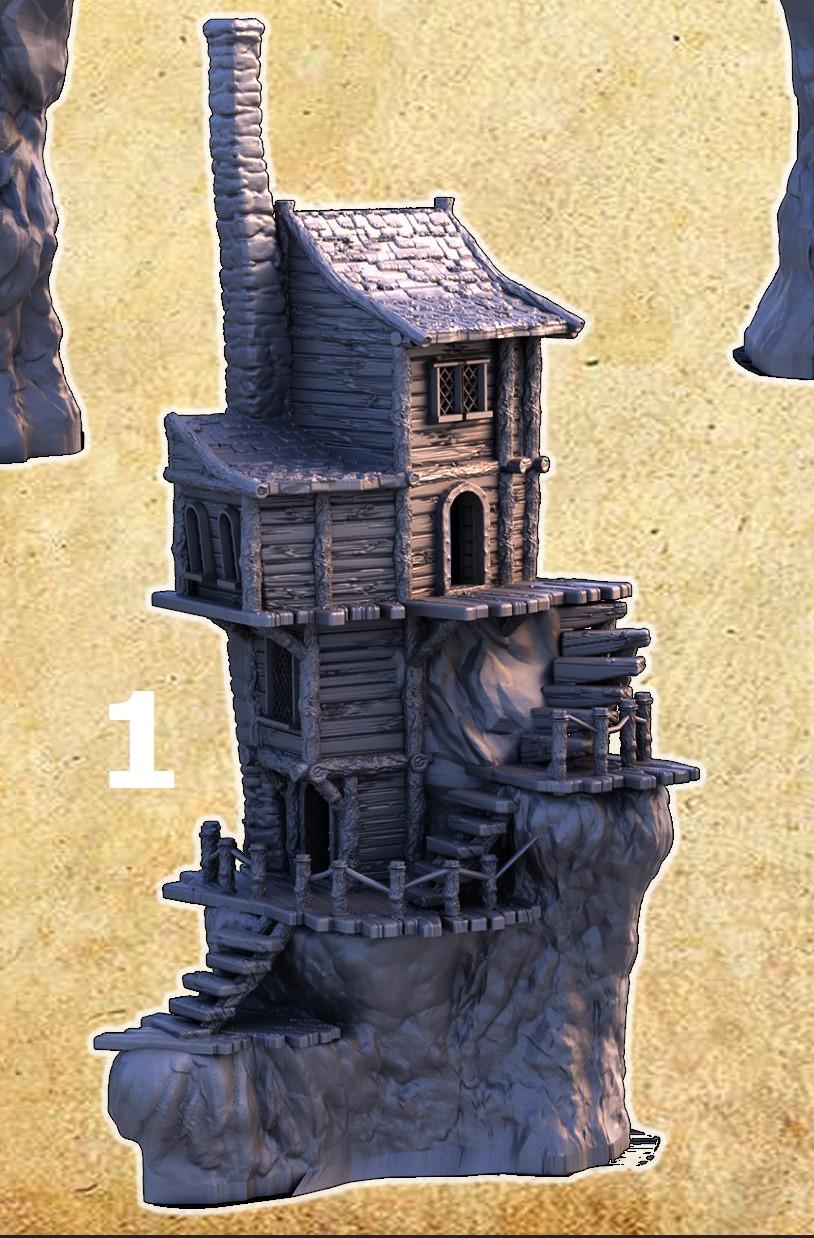 A collection of eight individual cliffside slum houses, each featuring five levels with distinctive, weathered wood architecture and perched precariously on rugged cliffs, suitable for fantasy and historical tabletop games.