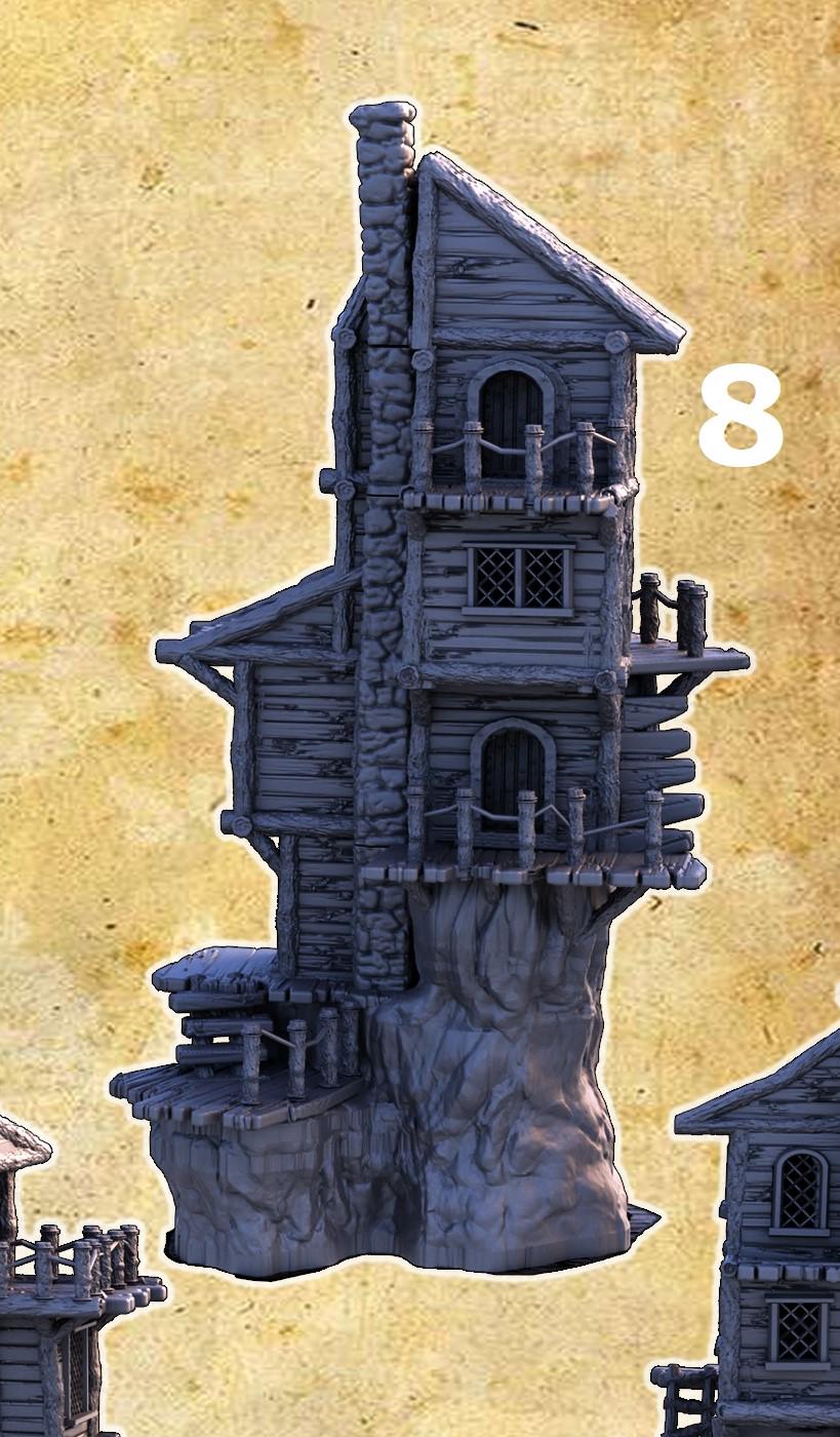 A collection of eight individual cliffside slum houses, each featuring five levels with distinctive, weathered wood architecture and perched precariously on rugged cliffs, suitable for fantasy and historical tabletop games.