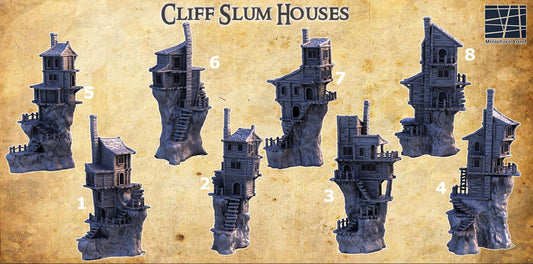 A collection of eight individual cliffside slum houses, each featuring five levels with distinctive, weathered wood architecture and perched precariously on rugged cliffs, suitable for fantasy and historical tabletop games.