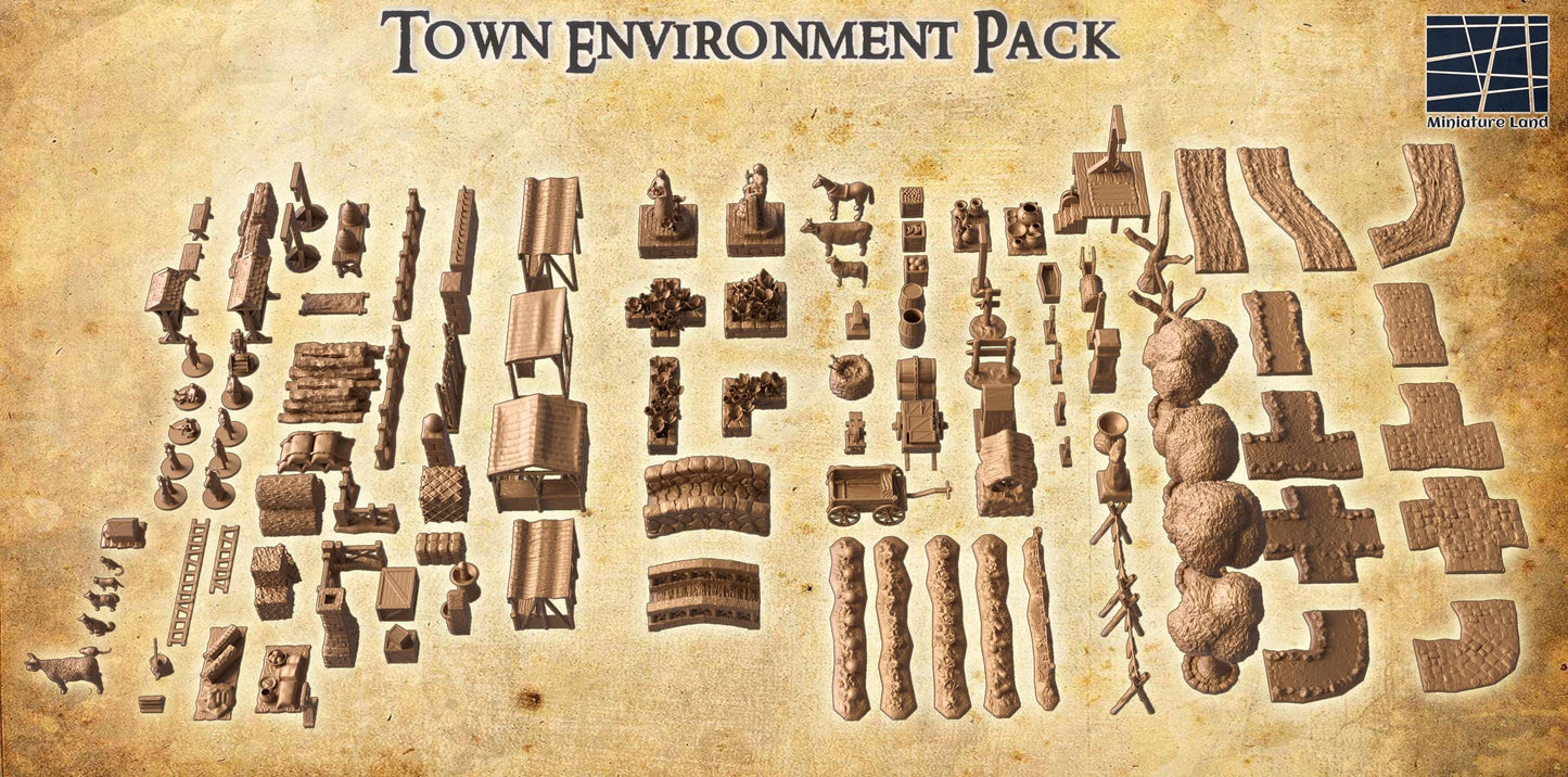 The Town Environment Pack includes a variety of medieval-themed miniatures such as market stalls, wells, outhouses, livestock, and more. Each piece is intricately detailed, bringing a realistic and immersive experience to your tabletop games.