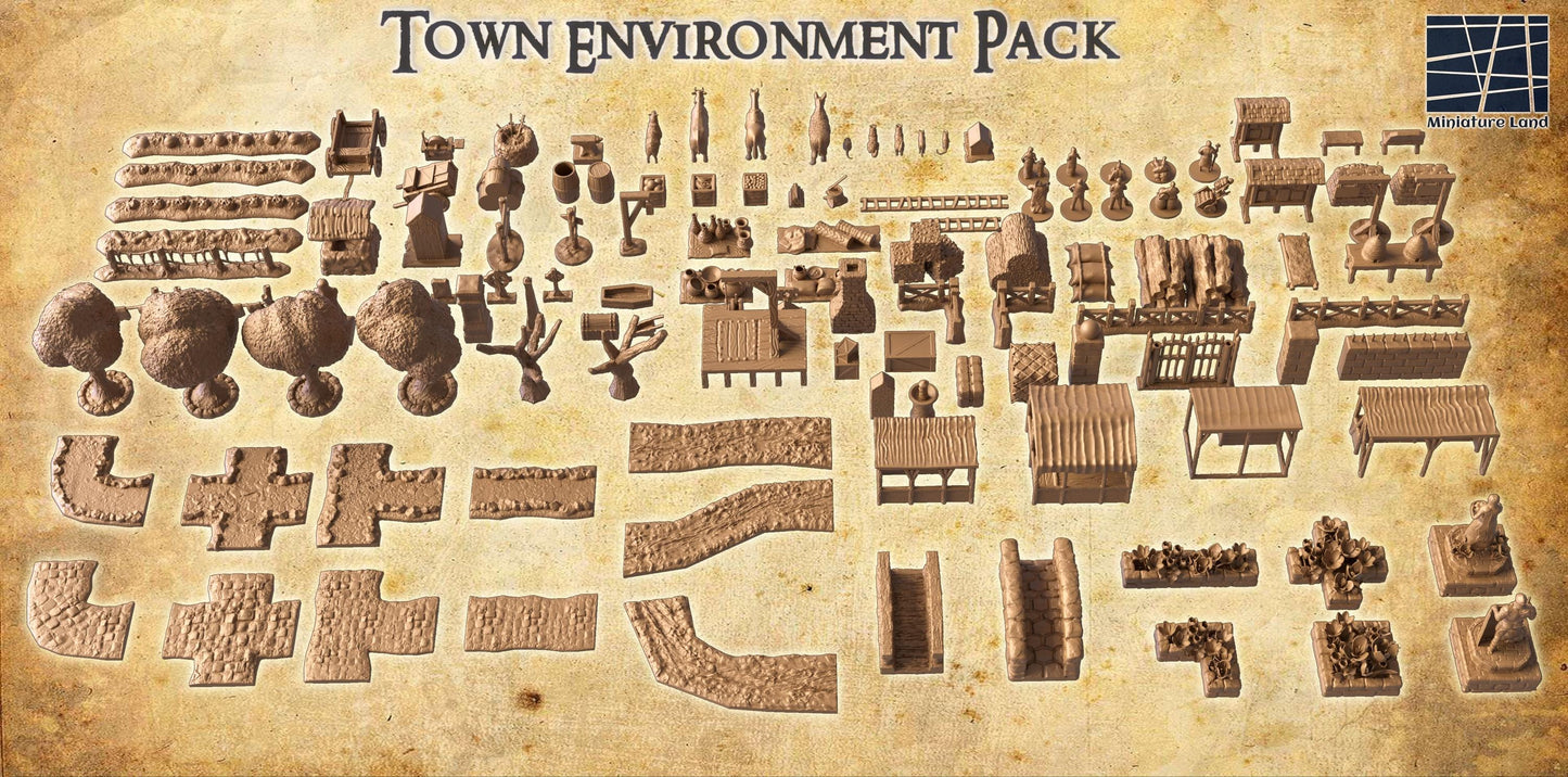 The Town Environment Pack includes a variety of medieval-themed miniatures such as market stalls, wells, outhouses, livestock, and more. Each piece is intricately detailed, bringing a realistic and immersive experience to your tabletop games.