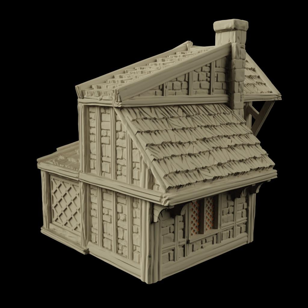 The Fersia Bakery is a detailed medieval bakery model featuring a timber-framed structure, shingled roof, lattice windows, and a cozy interior with multiple floors, including baking tables and a fireplace. Ideal for D&D and other tabletop games.