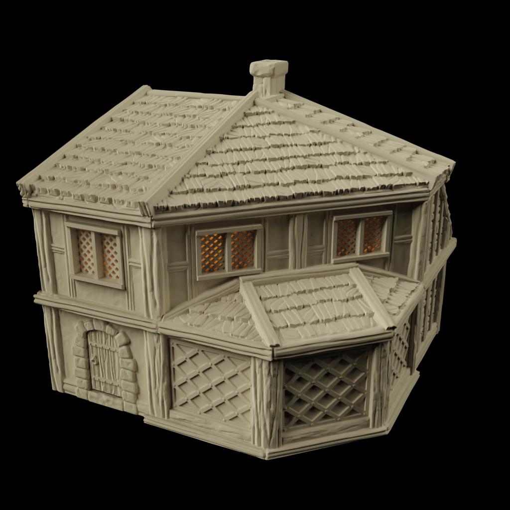 The Fersia Bakery is a detailed medieval bakery model featuring a timber-framed structure, shingled roof, lattice windows, and a cozy interior with multiple floors, including baking tables and a fireplace. Ideal for D&D and other tabletop games.