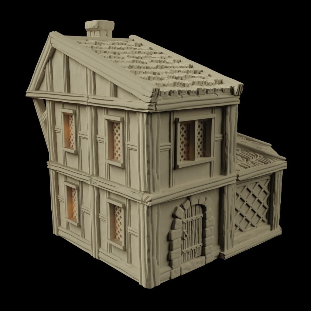 The Fersia Bakery is a detailed medieval bakery model featuring a timber-framed structure, shingled roof, lattice windows, and a cozy interior with multiple floors, including baking tables and a fireplace. Ideal for D&D and other tabletop games.