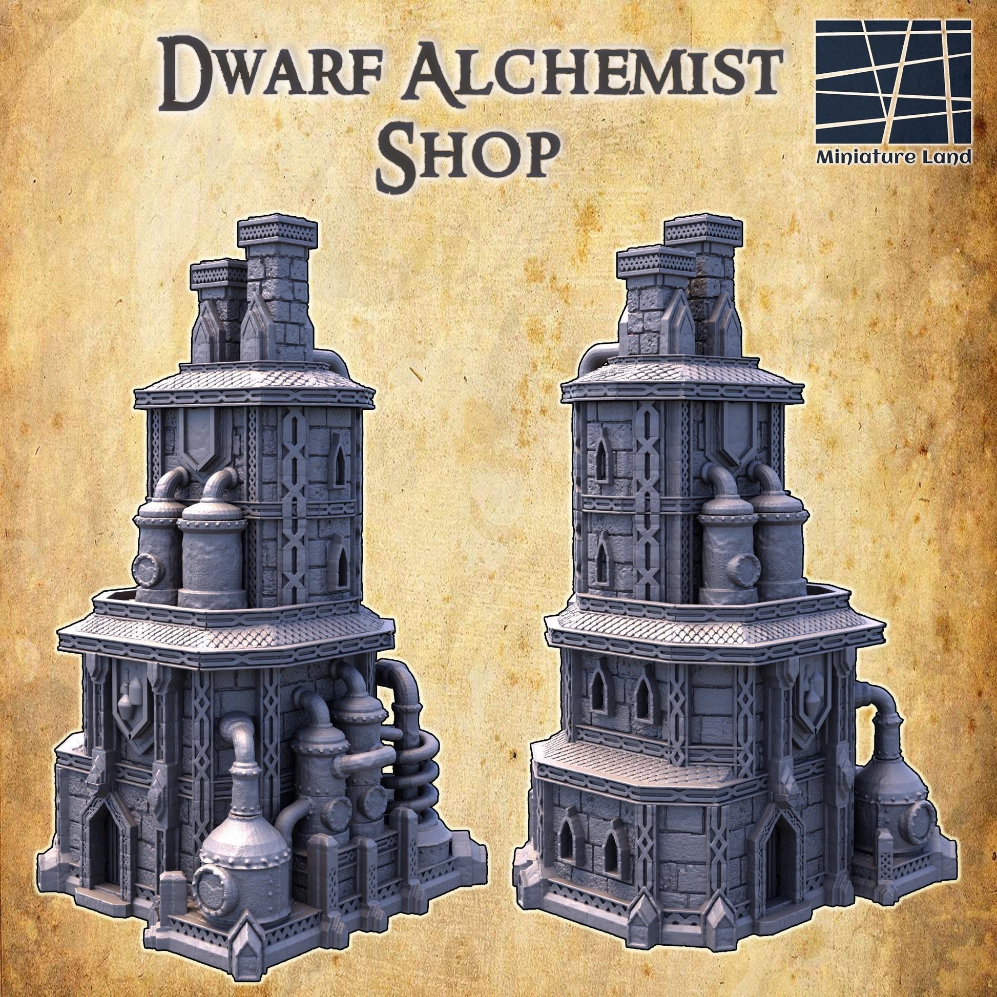 The Dwarf Alchemist Shop is a multi-level industrial building with gothic architecture, featuring detailed alchemical equipment, large vats, and intricate piping. The structure&#39;s stonework and metal accents create an authentic fantasy setting.