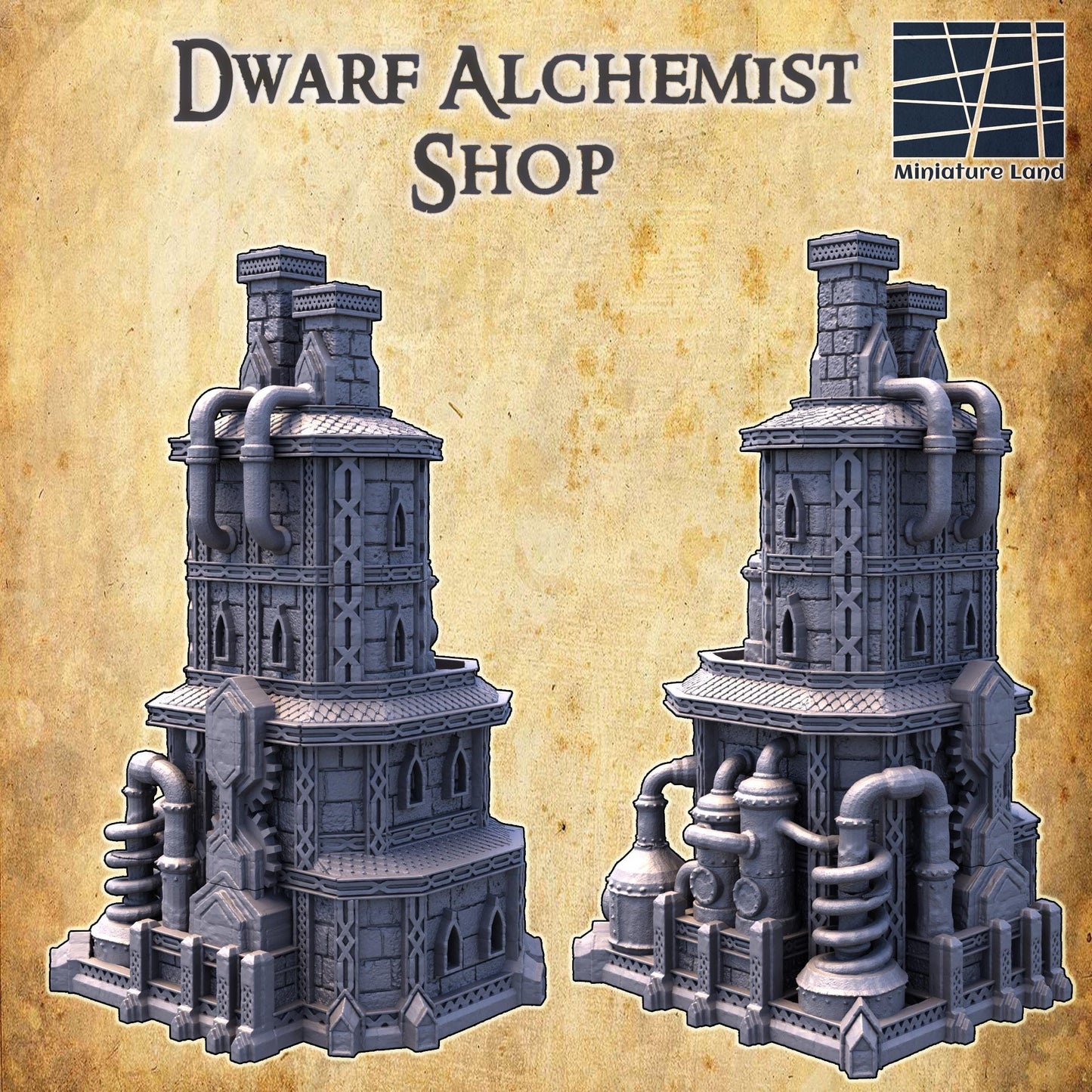 The Dwarf Alchemist Shop is a multi-level industrial building with gothic architecture, featuring detailed alchemical equipment, large vats, and intricate piping. The structure&#39;s stonework and metal accents create an authentic fantasy setting.