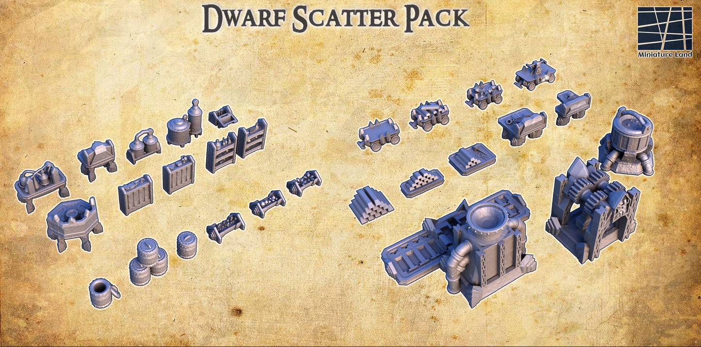 The Dwarf Scatter Pack includes a variety of finely detailed props such as barrels, gears, workbenches, and alchemical setups, perfect for enhancing your tabletop gaming experience with a dwarven aesthetic.