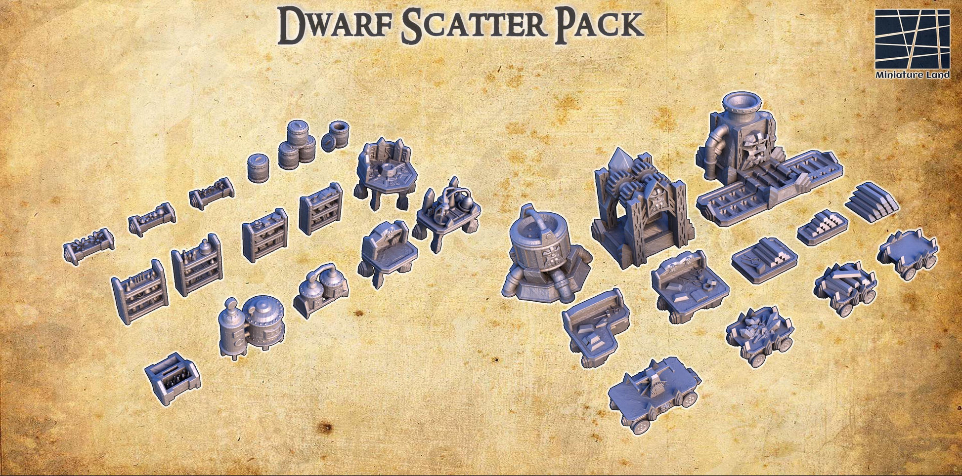 The Dwarf Scatter Pack includes a variety of finely detailed props such as barrels, gears, workbenches, and alchemical setups, perfect for enhancing your tabletop gaming experience with a dwarven aesthetic.