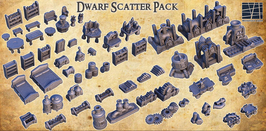 The Dwarf Scatter Pack includes a variety of finely detailed props such as barrels, gears, workbenches, and alchemical setups, perfect for enhancing your tabletop gaming experience with a dwarven aesthetic.