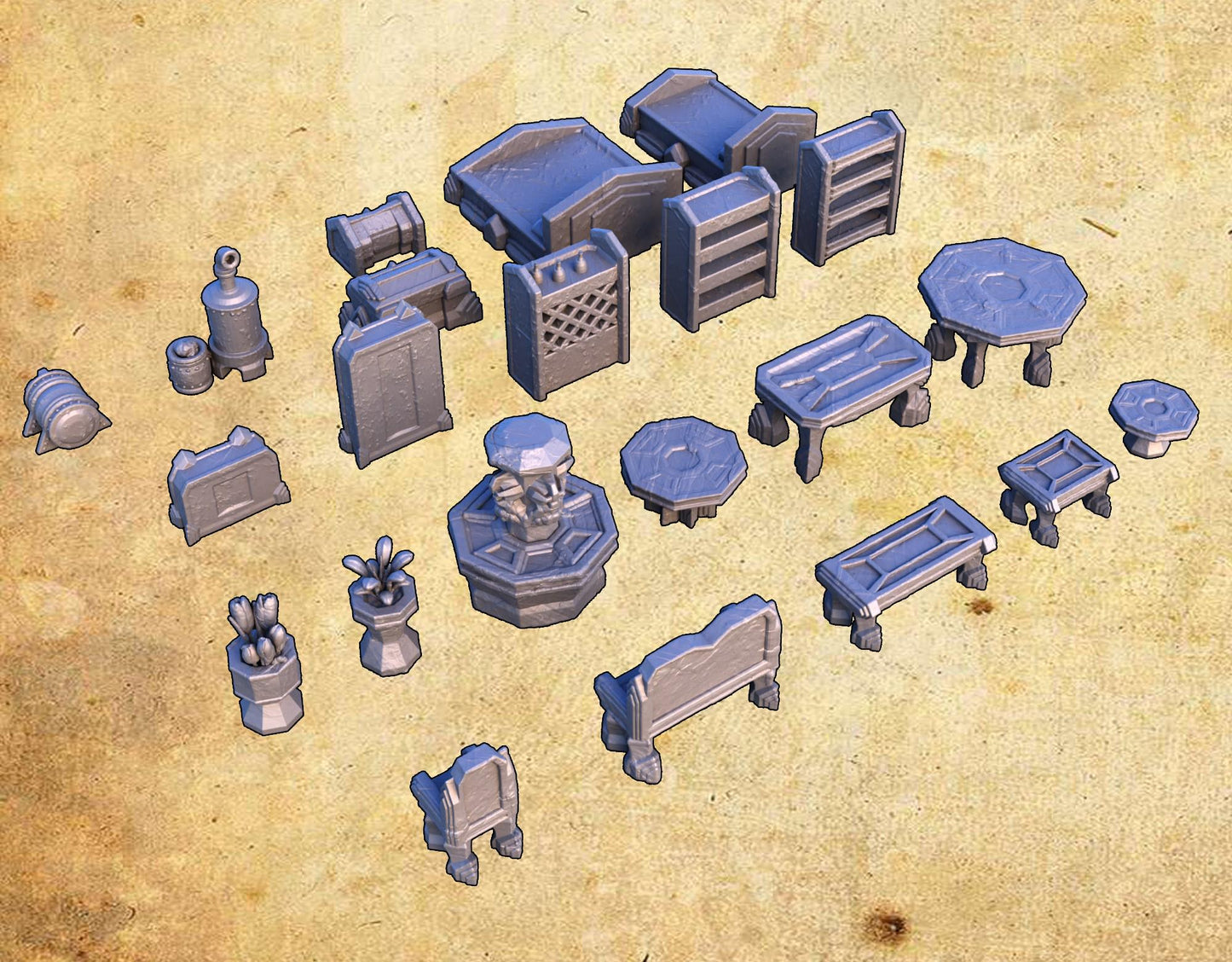 The Dwarf Scatter Pack includes a variety of finely detailed props such as barrels, gears, workbenches, and alchemical setups, perfect for enhancing your tabletop gaming experience with a dwarven aesthetic.