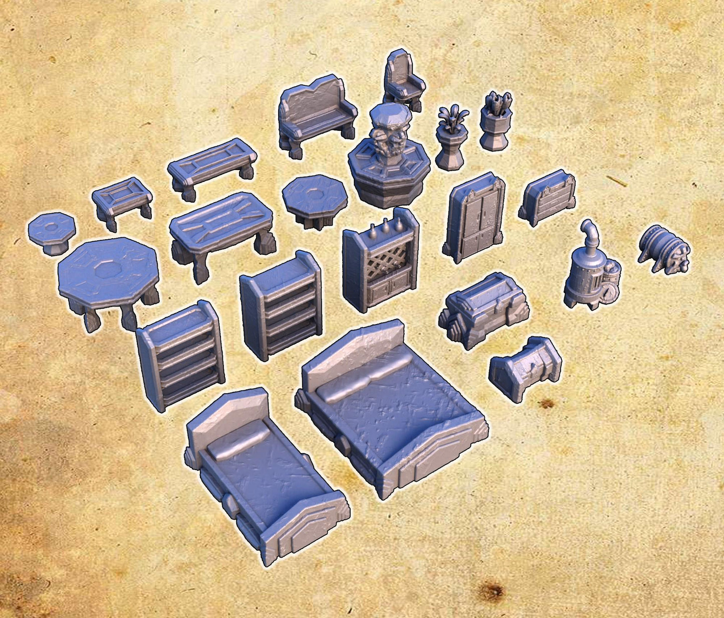 The Dwarf Scatter Pack includes a variety of finely detailed props such as barrels, gears, workbenches, and alchemical setups, perfect for enhancing your tabletop gaming experience with a dwarven aesthetic.