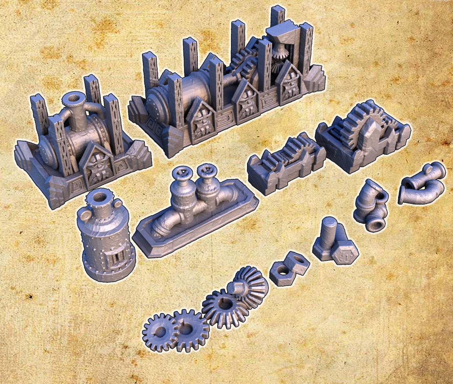 The Dwarf Scatter Pack includes a variety of finely detailed props such as barrels, gears, workbenches, and alchemical setups, perfect for enhancing your tabletop gaming experience with a dwarven aesthetic.